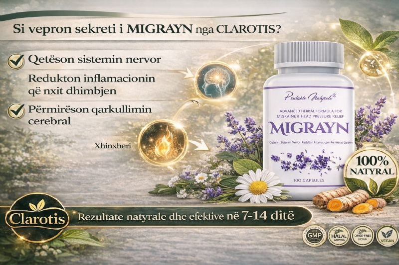 MIGRAYN suplement bimor nga Clarotis, kapsula vegane per migrene, suplement per fokus dhe qartesi mendore, produkt per qetesim nervor natyral, kapsula per relaksim dhe balancim nervor, suplement per dhimbje koke dhe tension nervor natyral, migrene kronike