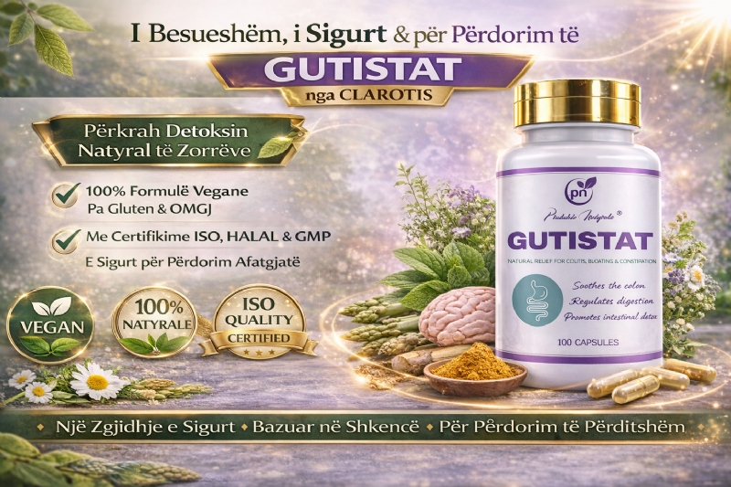 GUTISTAT suplement bimor nga CLAROTIS, kapsula vegane per tretje, suplement per pastrim natyral te zorres, produkt per balancim intestinal, kapsula per detox te kolonit, suplement per shendetin e zorres, kapsula per permiresim te tretjes natyrale